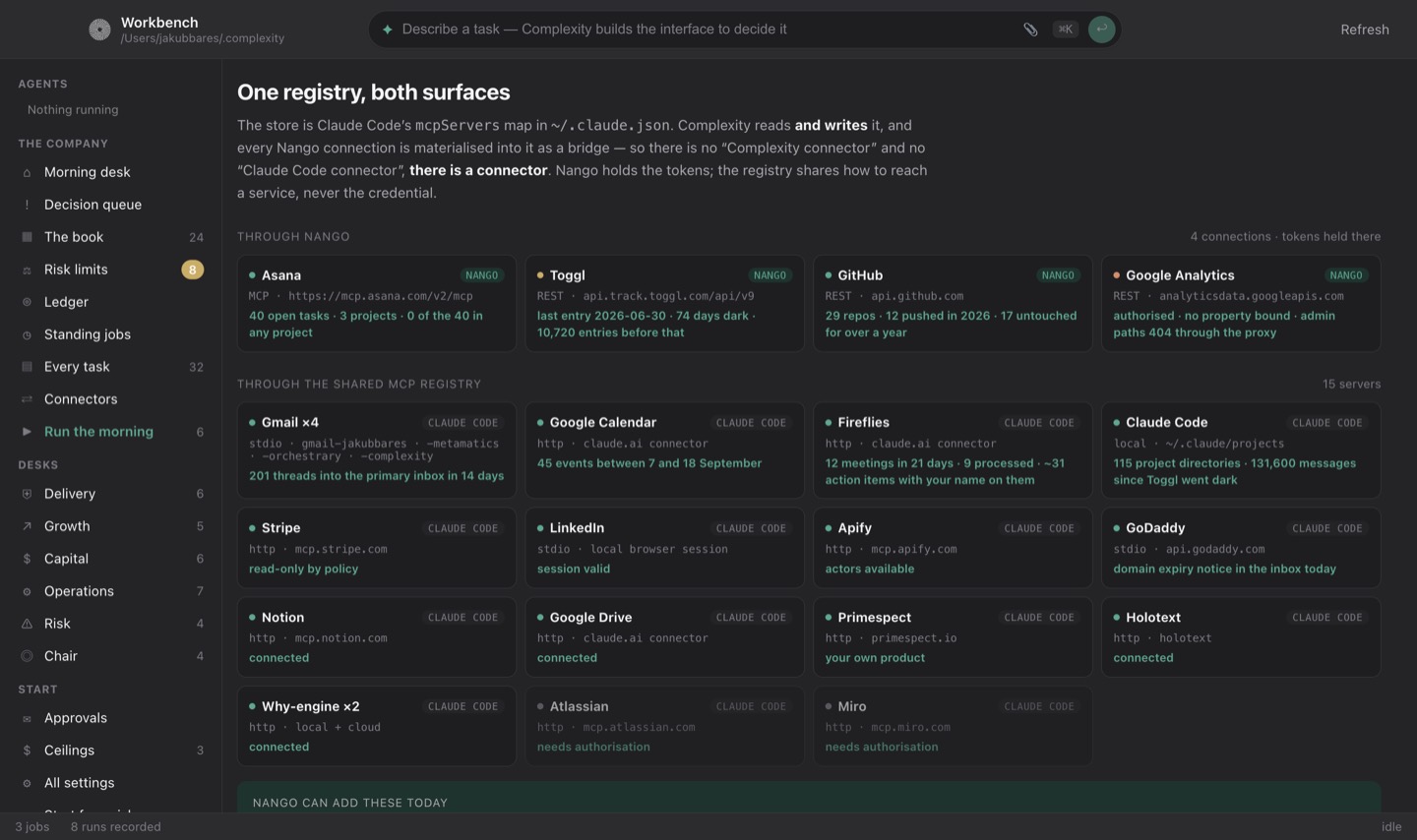 The connectors screen listing every MCP server and Nango connection available to a run